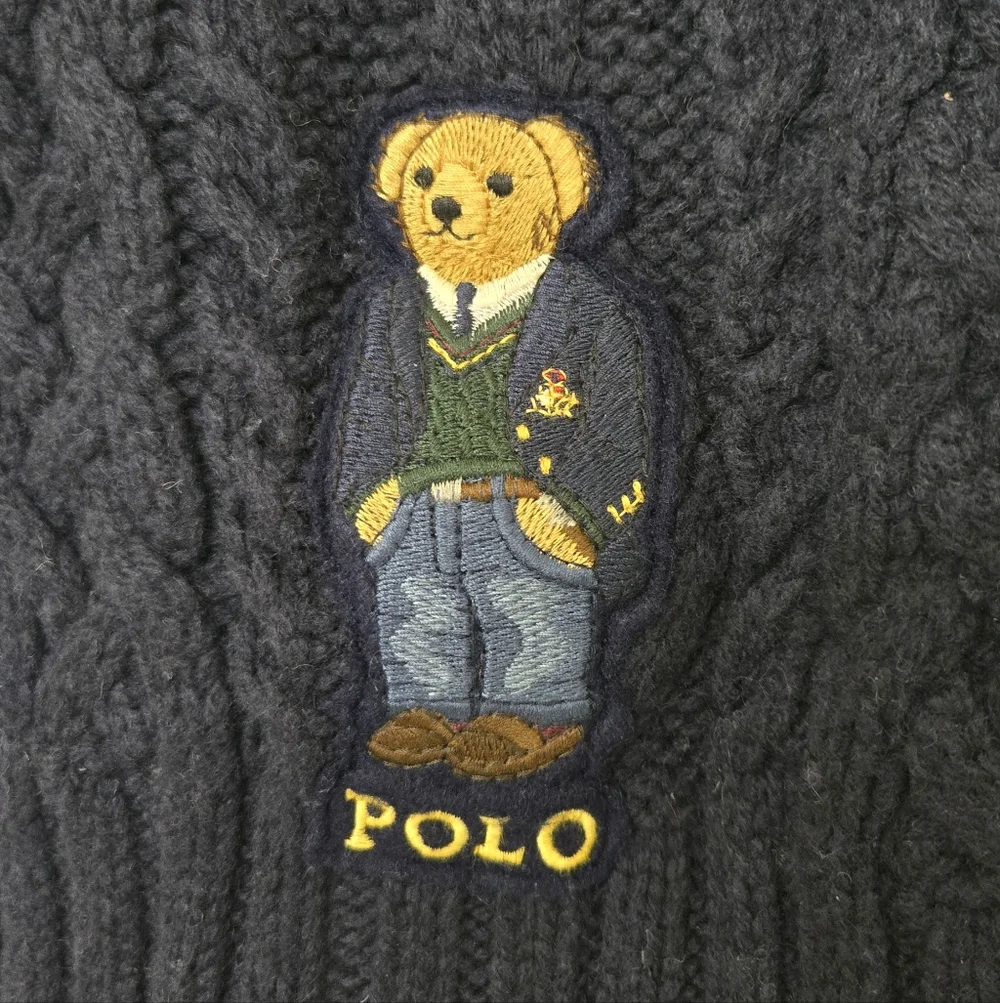 Polo Ralph Lauren Aran St. Andrew Bear Scarf Embroidered Navy Blue Cable Knit